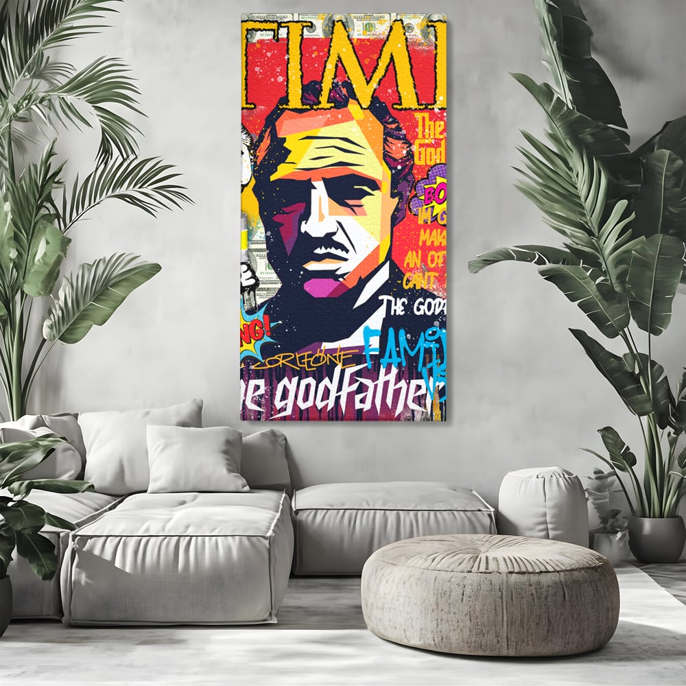Tablou canvas cu tablou canvas portret mafiot stil pop art, fara rama, pe sasiu de lemn, pe perete intr-un living